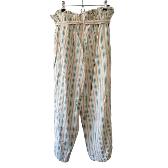 Large fever striped paper bag waist pants with belt & pockets, cream teal peach - Picture 2 of 4